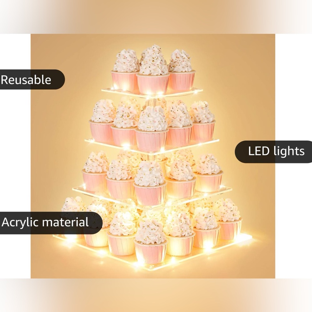 NEW 4 Tier Square Acrylic Cupcake Stand with Colorful LED Light Strings NIB